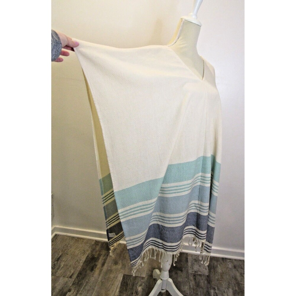 Womens OS Cream Blue Stripes Fringe Poncho Beach Caftan Coverup Boho Tribe Alive - Picture 9 of 11
